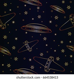 Seamless pattern Flying Saucer, Spaceship And UFO. Illustration of cartoon funny UFO, unidentified spaceship and spacecrafts from alien invaders, various futuristic shapes, vector space collection.