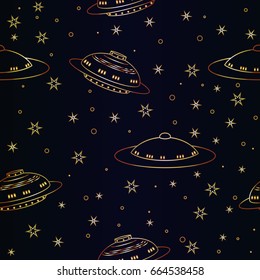 Seamless pattern Flying Saucer, Spaceship And UFO. Illustration of cartoon funny UFO, unidentified spaceship and spacecrafts from alien invaders, various futuristic shapes, vector space collection.