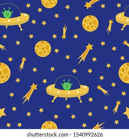 Seamless pattern with a flying saucer, stars and comets on a blue background. Vector.