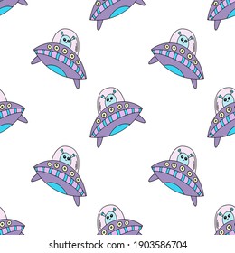 Seamless pattern with flying saucer and UFO, alien. Doodle. A space flight. Cosmonautics Day. Hand-drawn. Vector illustration for children. It can be used to design textiles, clothing, notebooks.