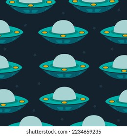 seamless pattern with flying saucer, UFO on dark background with stars