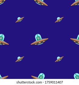 A seamless pattern of flying saucers on blue background.