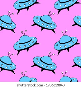Seamless pattern with Flying Saucers, UFO. Vector background and texture for fabric, wrapping, wallpaper, textile, apparel, cover