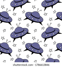 Seamless pattern with Flying Saucers, UFO. Vector background and texture for fabric, wrapping, wallpaper, textile, apparel, cover