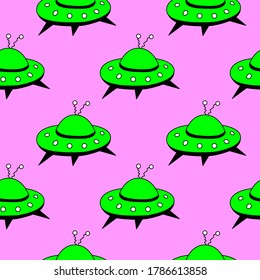 Seamless pattern with Flying Saucers, UFO. Vector background and texture for fabric, wrapping, wallpaper, textile, apparel, cover