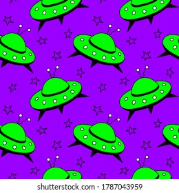 Seamless pattern with Flying Saucers, UFO. Vector background and texture for fabric, wrapping, wallpaper, textile, apparel, cover