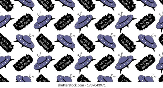 Seamless pattern with Flying Saucers, UFO. Vector background and texture for fabric, wrapping, wallpaper, textile, apparel, cover