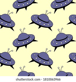 Seamless pattern with Flying Saucers, UFO. Vector background and texture for fabric, wrapping, wallpaper, textile, apparel, cover