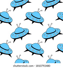 Seamless pattern with Flying Saucers, UFO. Vector background and texture for fabric, wrapping, wallpaper, textile, apparel, cover
