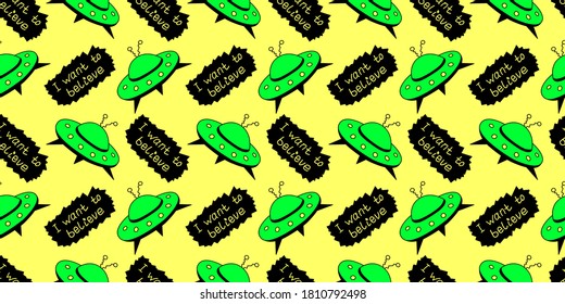 Seamless pattern with Flying Saucers, UFO. Vector background and texture for fabric, wrapping, wallpaper, textile, apparel, cover