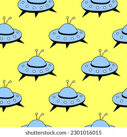 Seamless pattern with Flying Saucers, UFO. Vector background and texture for fabric, wrapping, wallpaper, textile, apparel, cover