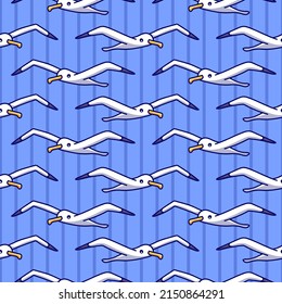 Seamless pattern with flying seagulls on a blue striped background. Flat vector texture.