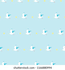 Seamless pattern with flying seagulls. Seagull on blue background 