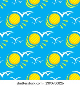 Seamless pattern with flying seagulls and sun. Summer vector illustration. Design element for fabric, wallpaper or wrapping paper.