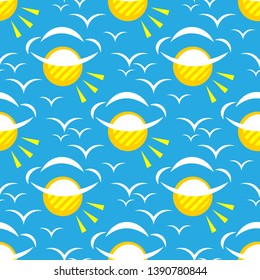 Seamless pattern with flying seagulls and sun. Summer vector illustration. Design element for fabric, wallpaper or wrapping paper.