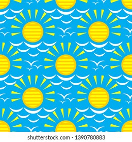 Seamless pattern with flying seagulls and sun. Summer vector illustration. Design element for fabric, wallpaper or wrapping paper.