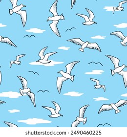 Seamless pattern with flying seagulls. Vector illustration.