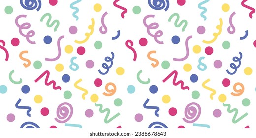 Seamless pattern of flying serpentine and confetti. Vector illustration.