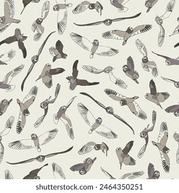 Seamless pattern with flying short-eared owls. Vector illustration.