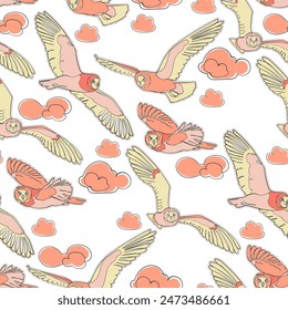 Seamless pattern with flying short-eared owls and clouds. Vector illustration.