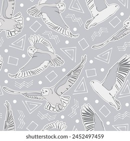 Seamless pattern with flying snowy owls (polar owls). Vector illustration.