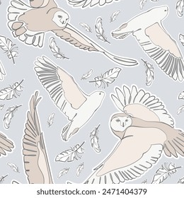 Seamless pattern with flying snowy owls (polar owls) and feathers. Vector illustration.