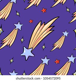 Seamless pattern of flying stars cartoon style vector illustration on dark blye night sky