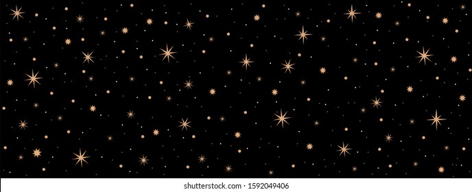 Seamless pattern of flying stars. Celebratory pattern with snowflakes and Christmas star. Seamless pattern with golden stars on dark bacground.  Vector Illustration EPS 10