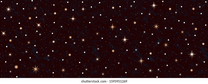 Seamless pattern of flying stars. Celebratory pattern with snowflakes and Christmas star. Seamless pattern with golden stars on dark bacground.  Vector Illustration EPS 10