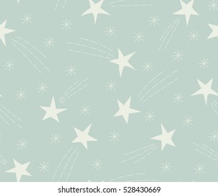 Seamless pattern of flying stars. Celebratory pattern with snowflakes and Christmas star. Vector Illustration.
