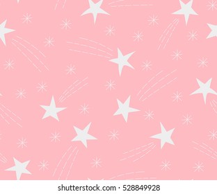 Seamless pattern of flying stars. Celebratory pattern with snowflakes and Christmas star. Vector Illustration.