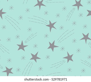 Seamless pattern of flying stars. Celebratory pattern with snowflakes and Christmas star. Vector Illustration.