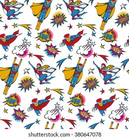  seamless pattern flying superhero male and female illustration and speech bubbles in the pop Art comics style 