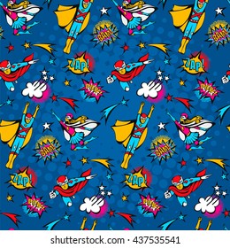 seamless pattern flying superstrong heroes male and female illustration and speech bubbles in the pop Art comics style on a dark blue background