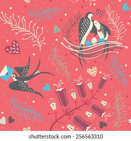 Seamless pattern with  flying swallow, bird parents and eggs in the nest and floral elements. Cute greeting Birthday card, invitation or decor element in vector.