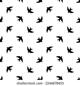 Patrón sin foco con aves tragables voladoras. Fondo retro con siluetas negras de pájaros. Ilustración vectorial.