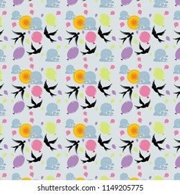 Seamless pattern with flying swallows and air balloons in the sky