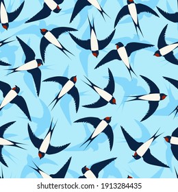 Seamless pattern with flying swallows. Design for invitation, poster, card, fabric, textile.