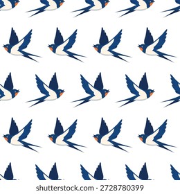 Patrón sin fisuras de golondrinas voladoras en blanco Ilustración vectorial repetitiva de golondrinas azules en vuelo, dispuestas en un patrón limpio y sin fisuras sobre un fondo blanco