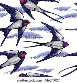 Seamless pattern with flying swallows, sketch style, vector illustration