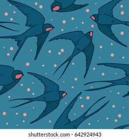 Seamless pattern with flying swallows, vector illustration