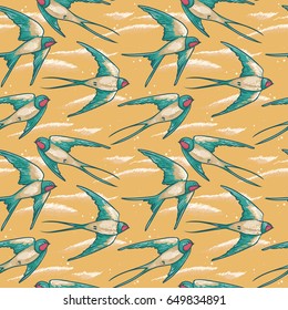 Seamless pattern with flying swallows in yellow sky, sketch style, vector illustration