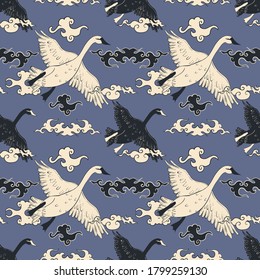 Patrón sin foco con cisne volador y nubes al estilo asiático.