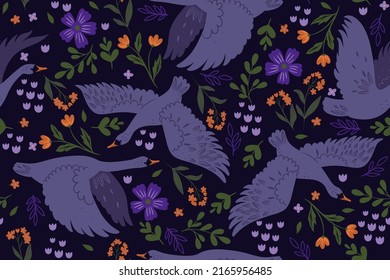 Seamless pattern with flying swans and flowers. Vector graphics.