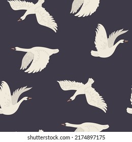 Seamless pattern with flying swans on a dark background. Vector graphics.