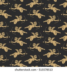 Seamless pattern - Flying Valentin's angels on the black background