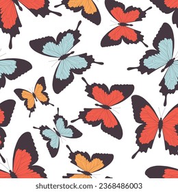 Seamless pattern with flying vivid tropical butterfly on white background. Vector illustration for textile, wallpaper, packaging, fashion concept