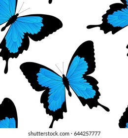 Seamless pattern with flying vivid tropical butterfly on white background. Vector illustration for textile, wallpaper, packaging, fashion concept