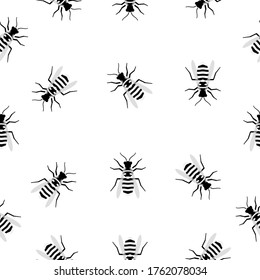 Patrón sin foco con avispas voladoras.
Abejas negras y blancas vectoriales aisladas en fondo blanco. Doodle de dibujos animados adorables abejas o avispas.