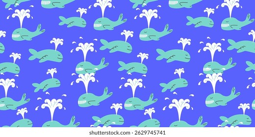 seamless pattern with flying whales over the sea waves in doodle style. Template for print background postcard banner backdrop packaging